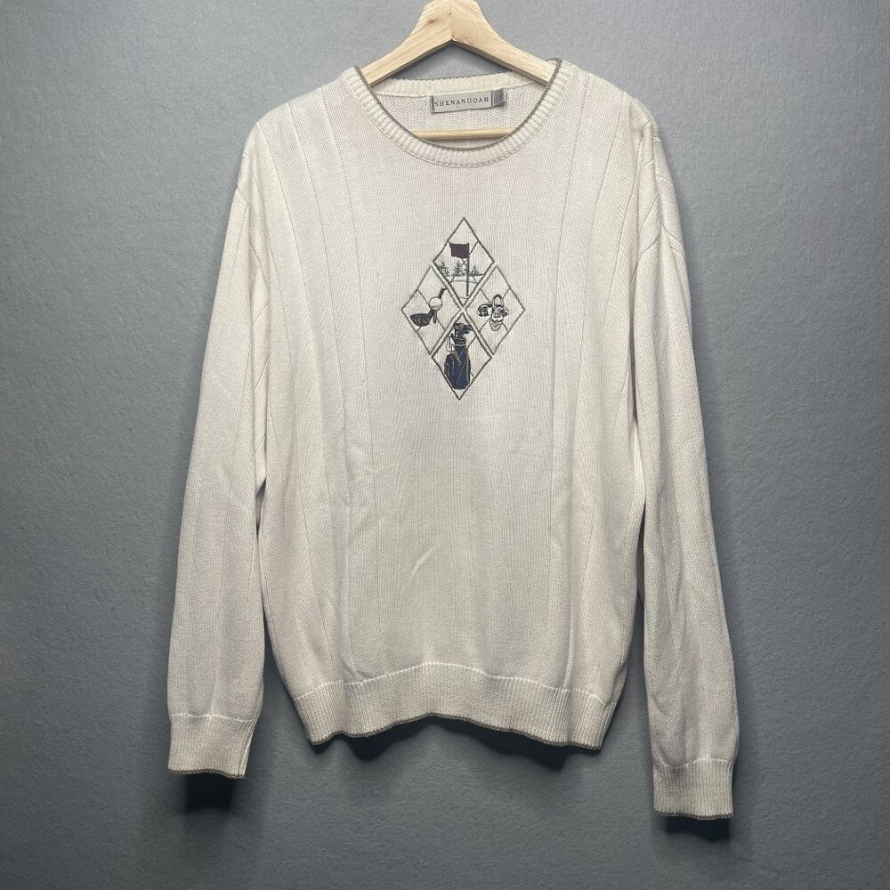 Vintage Shenandoah Embroidered Golf-Themed Ivory Sweater Mens L Pullover